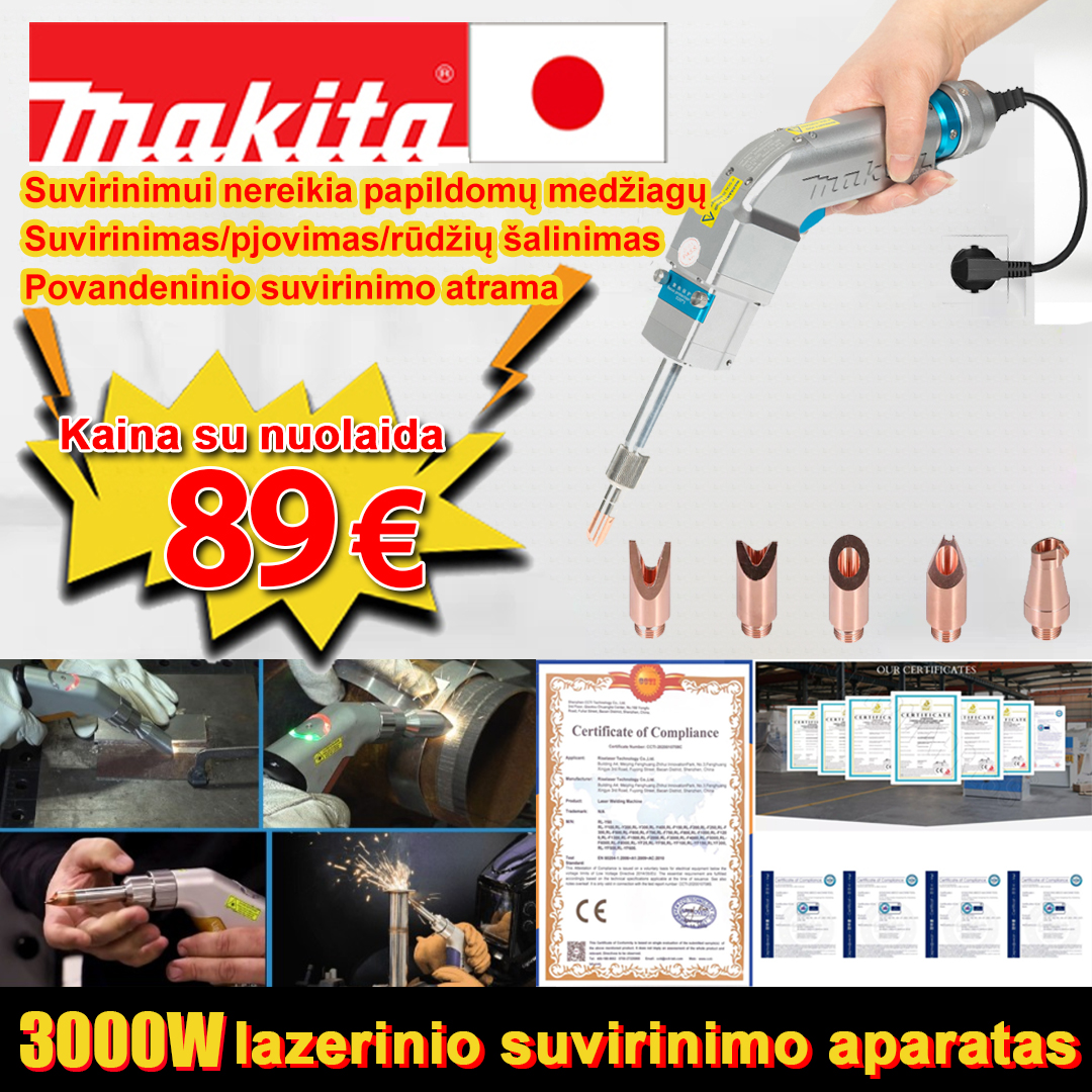 3000W daugiafunkcinis lazerinio suvirinimo aparatas (virinamas auksas/sidabras/varis/geležis/aliuminis/nerūdijantis plienas) suvirinimo storis 0-10mm (suvirinimas/pjovimas/rūdžių šalinimas 3 in 1) - 89 €