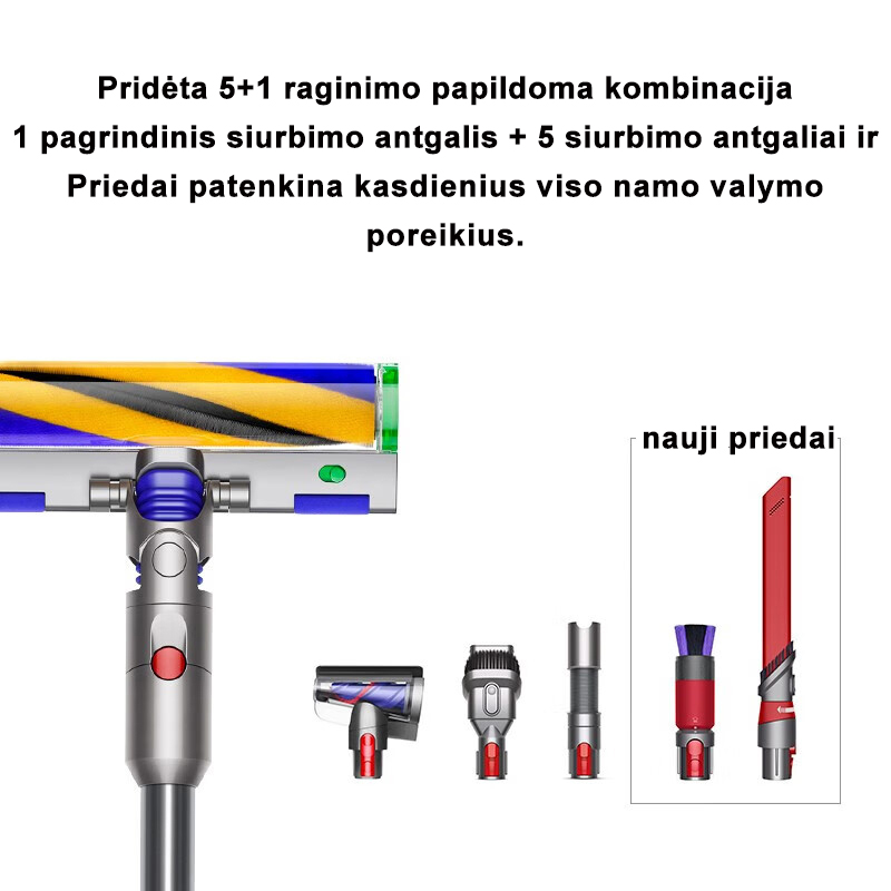 V12 5+1 siurbimo galvutė (padidintas siurbimas + šlapios ir sausos funkcijos + HEPA filtravimas + efektyvus erkių pašalinimas)