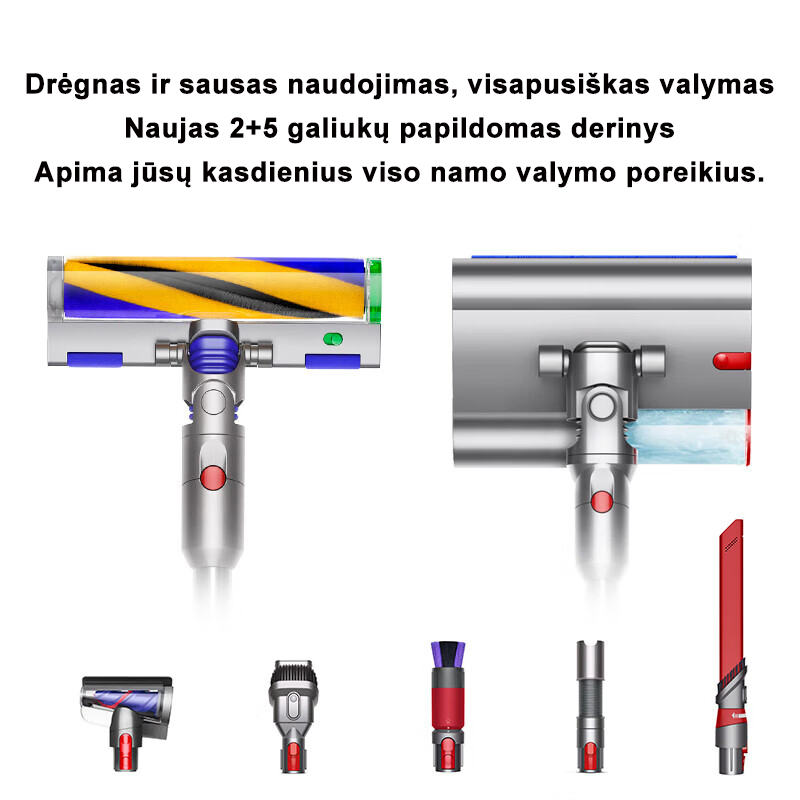 V12 5+2 siurbimo galvutė (padidintas siurbimas + drėgnos ir sausos funkcijos + HEPA filtravimas + efektyvus erkių pašalinimas)