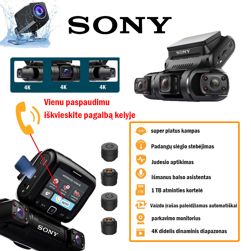 Sony 4K vairavimo įrašymo įrenginys + pagalbos kelyje paslauga*1 (be laiko apribojimų, galima bet kada) + Sony išmanusis balso asistentas + GPS padėties nustatymas + padangų slėgio stebėjimas + 1 TB atminties kortelė + priedai